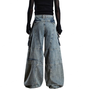 Jeans cargo vintage déstructurés en patchwork, coupe ample, style streetwear, multi-poches, délavés, pour hommes - Product Image 2