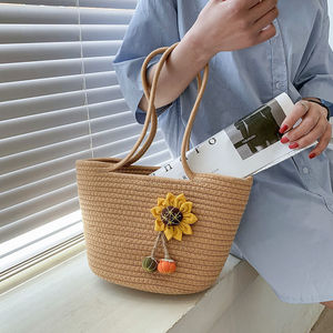 <b>Straw</b> Woven Tote <b>Bag</b> Oval Bohemian Summer Handbag With Sunflower Decoration Everyday Outfits Women's <b>Bag</b> - Product Image 2