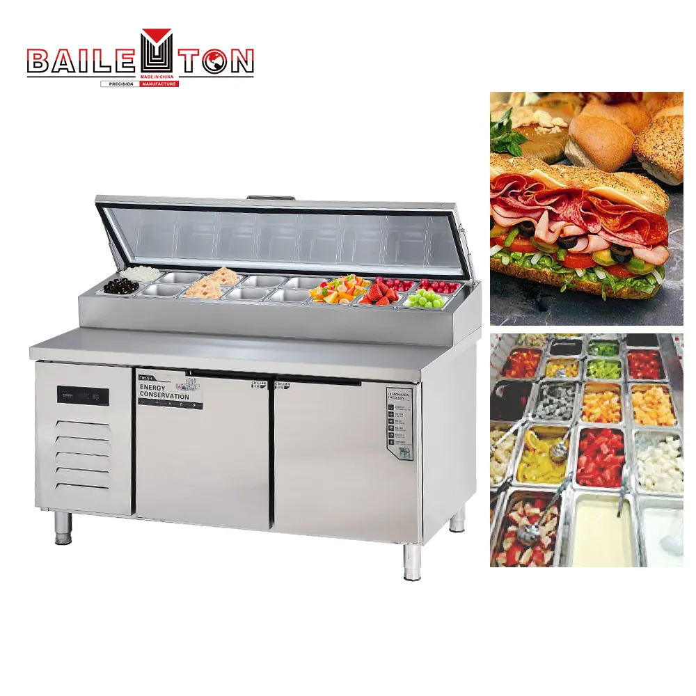 Commerciële Twee Deuren Koelapparatuur Pizza Prep Koelkast Onder Saladebar Sandwich Prep Tafel