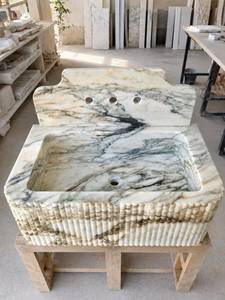 Lujoso Lavabo de Mármol Calacatta Verde Pulido, Montado en Pared, Duradero, con Salpicadero Decorativo, Hecho a Mano, de Piedra Natural - Product Image 2