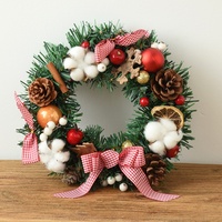 Karangan Bunga Natal 35cm 45cm Dengan Pita Kotak-kotak Kapas Kerucut Pinus Karangan Bunga Gantung Pintu Depan Dekorasi Rumah Natal