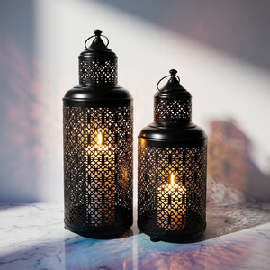 Lanternes porte-bougie rondes en métal noir de style marocain, très vendues, pour la décoration intérieure et extérieure - Product Image 1