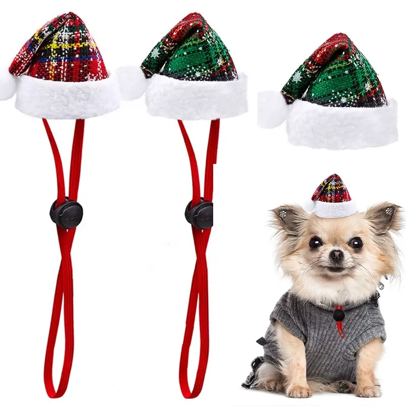 Topi Santa hewan peliharaan cetakan salju liburan kotak-kotak klasik topi natal anjing aksesori rambut kucing ukuran leher dapat disesuaikan