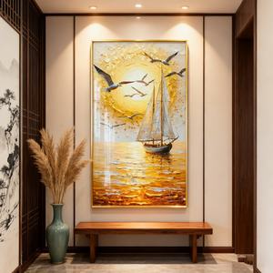 Peinture murale moderne pour salon, décoration d'entrée, peinture de paysage doré, art mural LED, peinture en porcelaine cristalline - Product Image 5