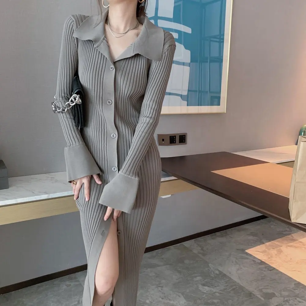 Autumn fashion turn-down collar knitted sweater long knitted dress for women slim fit