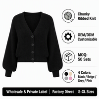 Cardigan sur mesure pour femme, court, oversize, en tricot côtelé épais, col en V, boutonné, manches chauve-souris, en nylon et coton, OEM, vente en gros, commande en gros