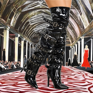 Nouveauté 2025 : Bottes d'hiver à enfiler, à bout pointu, montantes au-dessus du genou, à talon très haut compensé, avec tige en PU, design de niche, polyvalentes et tendance - Product Image 2