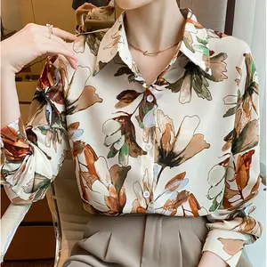 Wholesale European And American Style Women New Autumn Floral Print Turn-down Collar Shirt Long Sleeve Elegant Chiffon Blouse