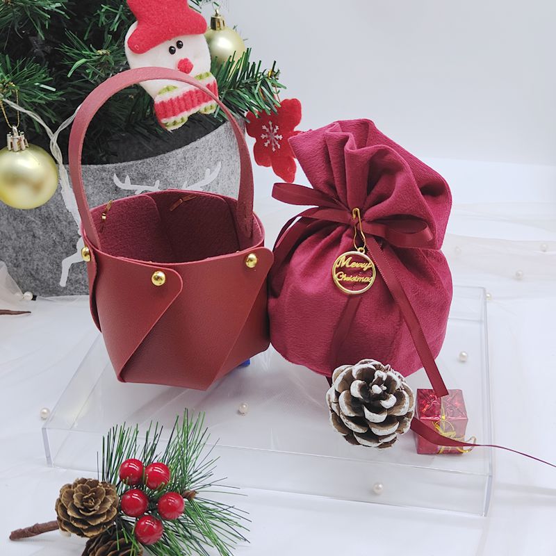 Sac en tissu bordeaux-seau en cuir-étiquette de Noël