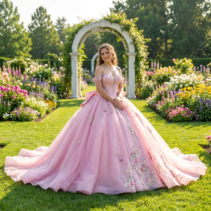 Vestido de Quinceañera Rosa de Ensueño, Vestido de Gala Largo Hasta el Suelo con Apliques, Cuentas y Bordado, Escote Corazón, 100% Poliéster, para Fiesta - Product Image 1