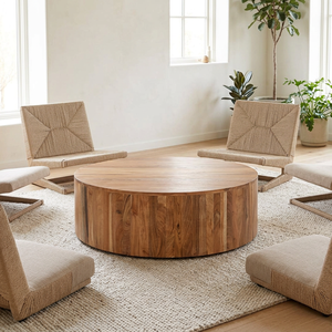 Mesa de Centro Redonda de Madera Maciza para 4 Personas, Mesa de Comedor Rústica Estilo Granja, Muebles para Sala de Estar, Decoración Interior para el Hogar y Hoteles - Product Image 1