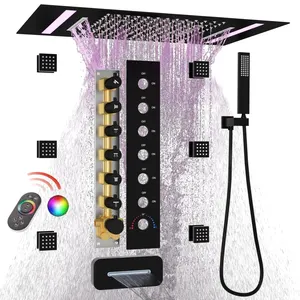 Conjunto de chuveiros luxuosos LED preto fosco com sistema de chuveiro termostático de alto fluxo para banheiro com teto grande cachoeira chuva