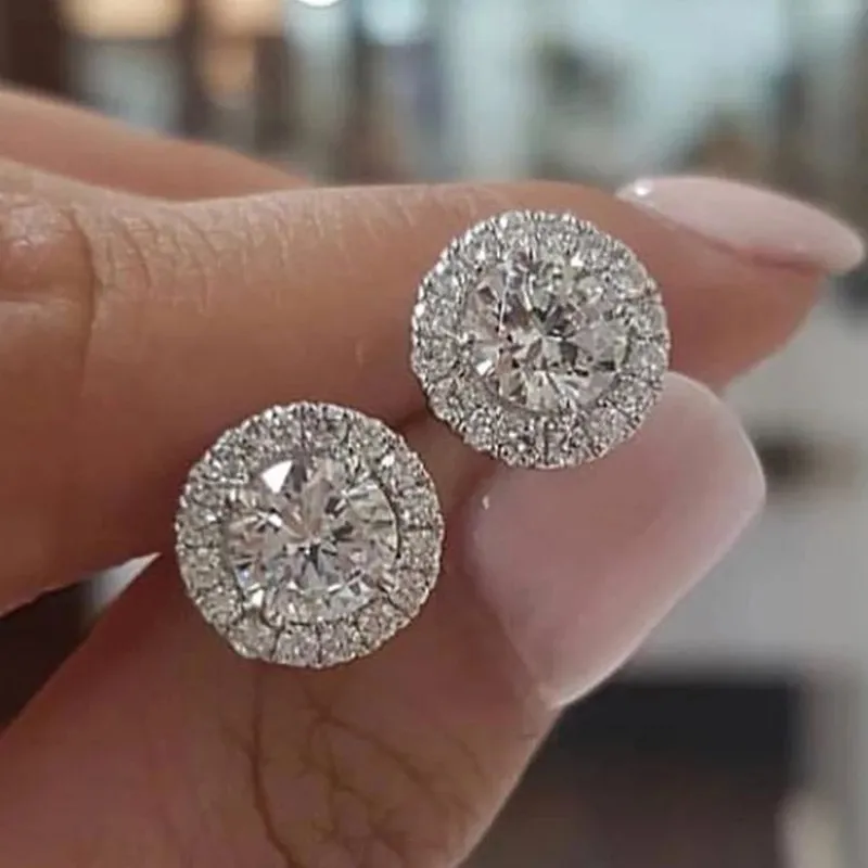Female Luxury Crystal Round Stud Earrings Vintage Silver Color Wedding Jewelry White Zircon Stone Earrings For Women N2204011