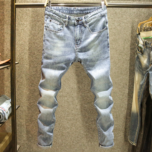 Jeans de mezclilla ajustados para hombre, estilo formal, desgastados, transpirables, impermeables, con detalles de botones, conjunto corto de algodón, azules, rasgados, estilo skinny. - Product Image 3