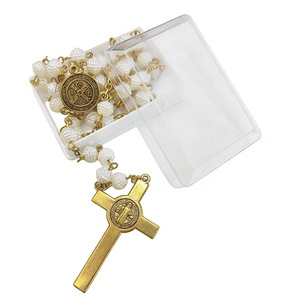 Collier chapelet benedictin en fausses perles blanches, or antique et argent, unisexe, bijoux pour cérémonies religieuses - Product Image 2