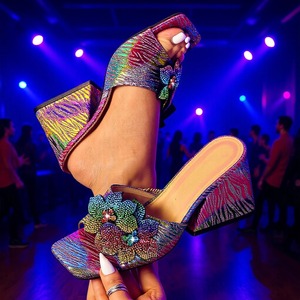 Women's Sparkly Sequin Fabric <b>Sandals</b> With Chunky Block Heel Floral Embellishments for Evening Party Club Occasions - Product Image 1