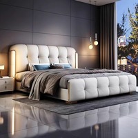 Lit double moderne de luxe 2026 avec cadre en bois, têtes de lit rembourrées, éclairage intégré et rangement en cuir – Collection de meubles de chambre à coucher
