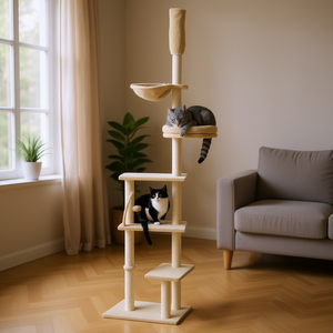 Árbol para gatos beige de 4 niveles con cama y postes rascadores para gatitos, uso en interiores, estilo clásico, material de madera ecológico. - Product Image 2