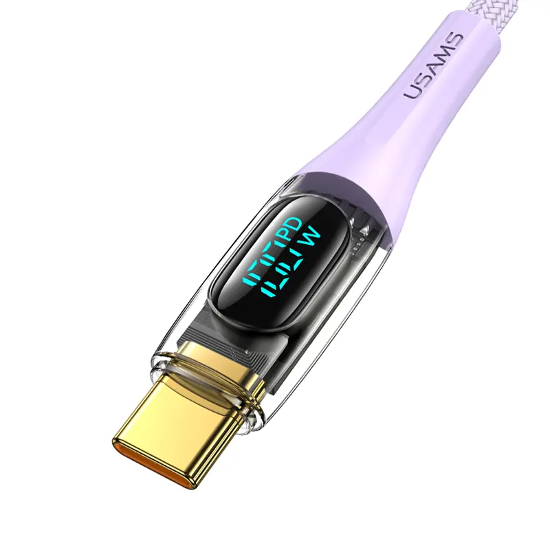 USAMS sj590 durable 100W fast type-c to type-c charging cable transparent digital display data cable for mobile phone