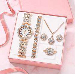 Ensemble de montres de luxe entièrement serties de cristaux, collier et boucles d'oreilles en diamants, bijoux pour femmes, cadeau - Product Image 4
