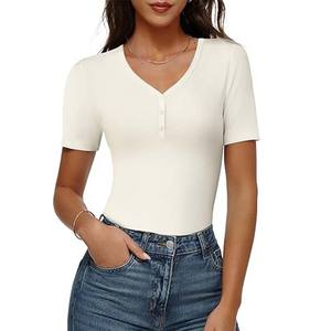 Chemise Henry pour femmes, manches courtes, coupe ajustée, décontractée, col en V, respirante, tricotée, vêtements de mode d'été - Product Image 1