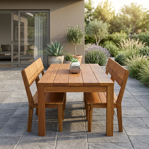 Solid Teak Wood Outdoor <b>Dining</b> <b>Set</b> Rectangular Garden <b>Table</b> with Matching Wooden Bench Chairs - Product Image 2