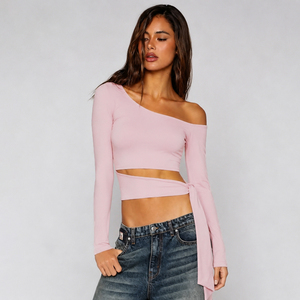 Top Corto Asimétrico de Un Hombro para Mujer, Manga Larga, Transpirable, Tejido de Spandex/Poliéster, con Detalle de Lazo, Estilo Fiesta, Color Sólido - Product Image 2