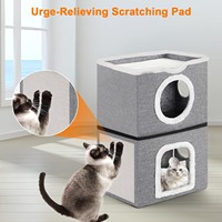 Lit pour chat en velours Oxford uni d'intérieur, type grotte, design à 2 étages, avec tapis à gratter amovible et lavable, et boule moelleuse, cube pour chat