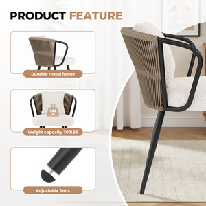 Chaise de salle à manger artisanale moderne et respirante en corde, rembourrée en coton avec structure métallique pour cuisine et salon - Product Image 2