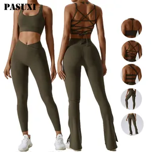 PASUXI – ensemble de Yoga côtelé sans couture pour femmes, haut court, chemise, Leggings, tenue d'entraînement, Fitness, costume de gymnastique, ensembles de Sport