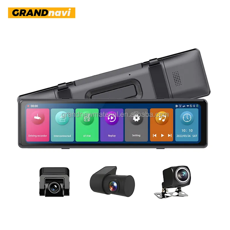 Grandnavi 3 câmeras com traço Cam com GPS Carplay AndroidAuto Dash Cam frontal e traseira 4k Android câmera gravadora espelho retrovisor