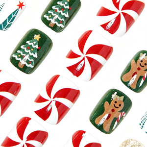 Uñas postizas cuadradas cortas de moda transfronteriza para Navidad, con diseño de dibujos animados de árbol de jengibre y purpurina, venta al por mayor - Product Image 3