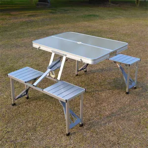 OEM定制户外轻质铝制可折叠野餐便携式野营旅行箱折叠桌，带4个长凳座椅