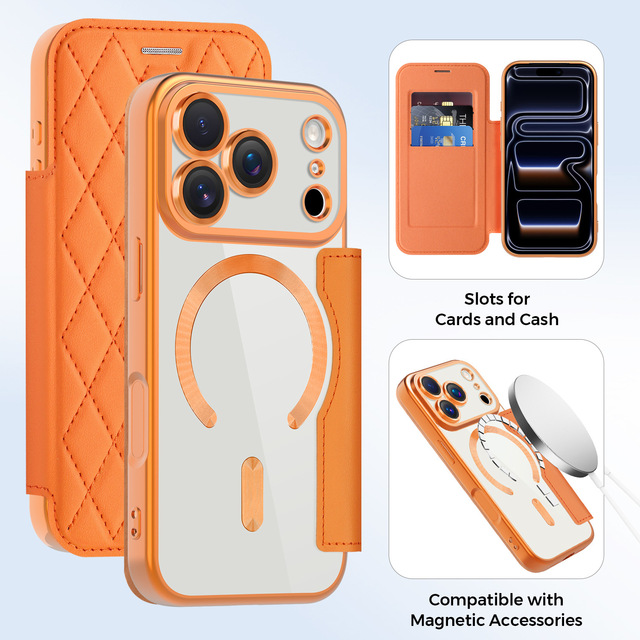 Anti-drop Premium Quilted Magnetic Flip Leather Phone Case with Card Slot for iPhone 17 Pro Max, Luxury Protective Cover