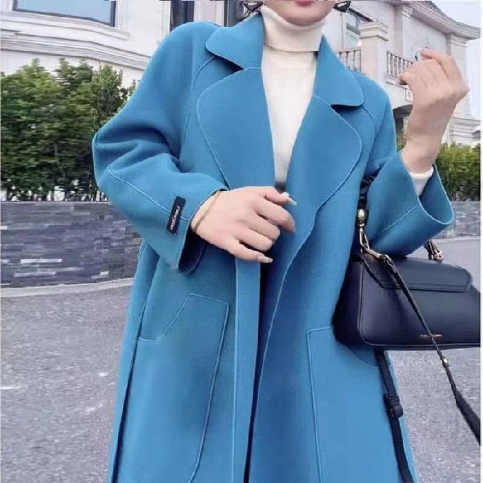 new autumn and winter Korean fashion double-sided wool coat women's solid color Lapel long wool coat