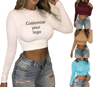 Benutzer definierte Logo Kleidung Damen Crop Tank Top Nabelschnur Rundhals ausschnitt Langarm T-Shirt Slim Crop Top für Frauen
