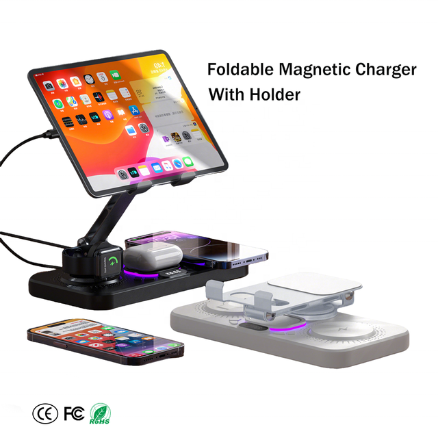 Premium 6 in 1 Foldable 15W Wireless Charging Station with Night Light Multi Device Fast Charger Stand for iPhone for Samsung