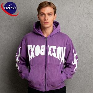 QZFSO Factory Custom Print logo <b>Hoodie</b> Vintage Cropped Distressed Zip up <b>Hoodie</b> for <b>Men</b> 420Gsm Custom Acid Washed <b>Hoodie</b> - Product Image 1