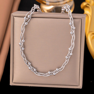 Waterproof Hypoallergenic Wholesale Stainless Steel 18K Gold Wedding Flat Wave <b>Beaded</b> Necklace Bracelet Jewelry <b>Sets</b> Women - Product Image 3