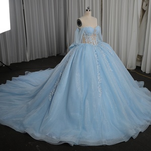 Vestido de Quinceañera Azul Celeste sin Tirantes Hmy22, Vestido de Gala con Apliques de Encaje y Pedrería, Jancemebr - Product Image 2