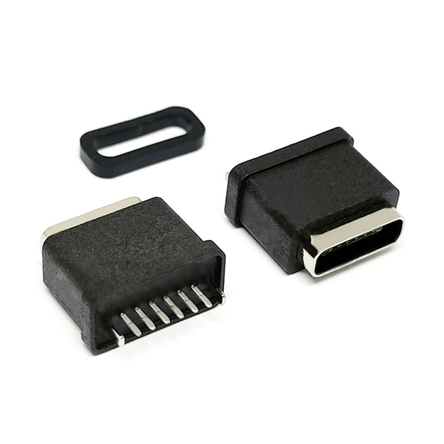 USB Connector TYPE-C 6P Connector DIP Vertical Plug Waterproof Female Socket with Waterproof Ring H=10mm