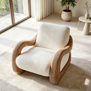 <span class=keywords><strong>Fauteuil</strong></span> individuel blanc en bouclette avec structure en fibre de verre à grain de bois courbé pour espace de vie moderne - Product Image 5