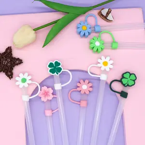 8mm 10mm Cute Flower Shape Reusable Straw Topper Food-Grade Silicone Dust-Proof For Wine Water Drinking Bright Color