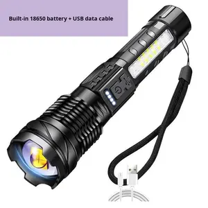 Linterna LED de Alta Potencia al por Mayor, Linterna Táctica con Luz Lateral, Zoom Ajustable, Aluminio, Recargable por USB, Impermeable, Autodefensa - Product Image 2