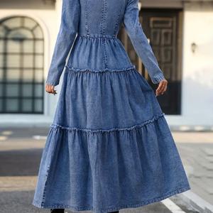 Vestido Maxi Vaquero Personalizado con Cuello en V, Manga Larga y Dobladillo con Volantes para Mujer - Product Image 6