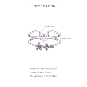 CANNER Bague double couche en argent sterling 925 avec fleurs empilées, zircon rose et fleur violette, ajustable, pour filles, cadeau, bijoux fins - Product Image 6