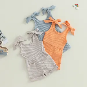 2023 Mùa Hè Màu Rắn Không Tay Gân Túi Romper Tổng Thể Ren Lên Halter Toddler Bé Cô Gái Playsuit Jumpsuits