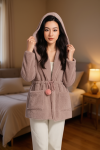 Robe à capuche en polaire pour femme, manches longues, longueur genou, avec cordon de serrage, douce et confortable, vêtement de nuit d'hiver, couleur unie, tricotée, style manteau - Product Image 2