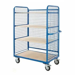 Warehouse Heavy Duty Wire Mesh Steel 4 Plywood Layers Storage Shelf Trolley