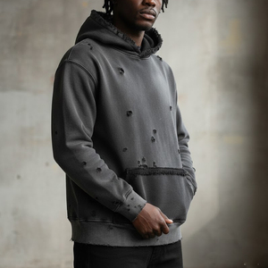 Produttori di Abbigliamento Streetwear, Felpa con Cappuccio <span class=keywords><strong>Oversize</strong></span> Personalizzata da Uomo, Stile <span class=keywords><strong>Vintage</strong></span>, Strappata, Effetto Consumato, Lavaggio Acido - Product Image 2